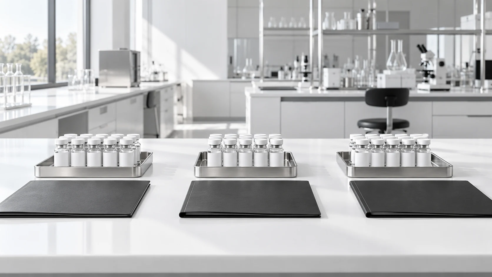 Three separate research vial trays and folders representing coordinated laboratory purchasing.