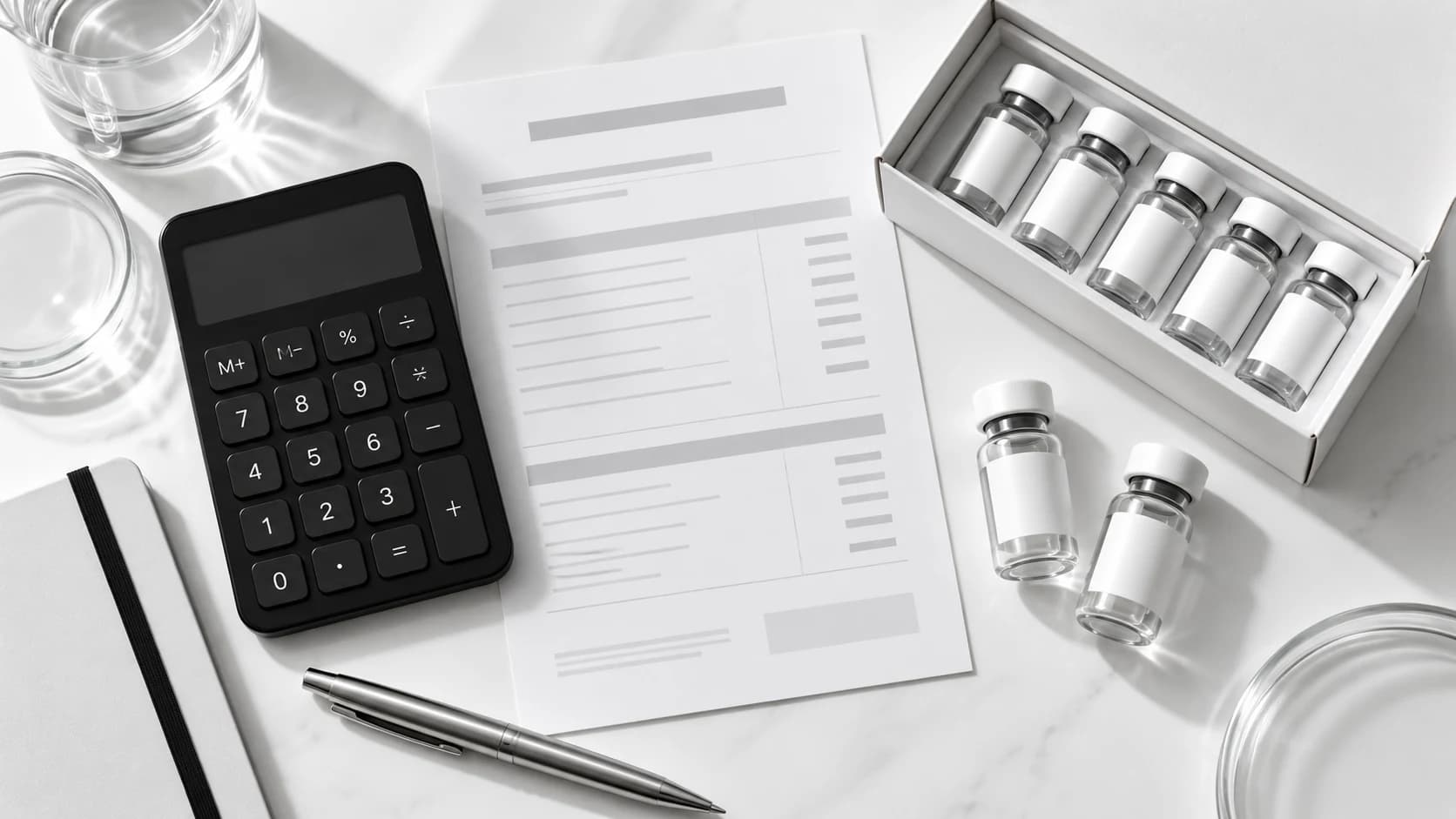 Black calculator and purchasing worksheet beside a research vial Kit.