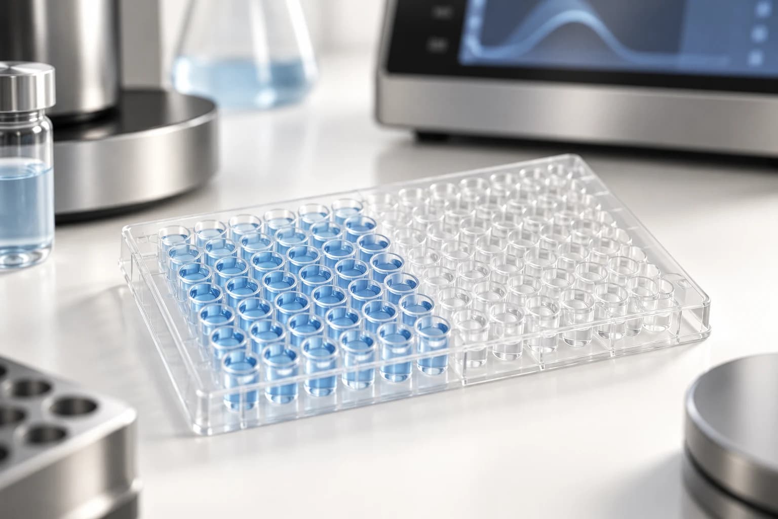 Clear microplate with two separated well groups and blurred instrument.