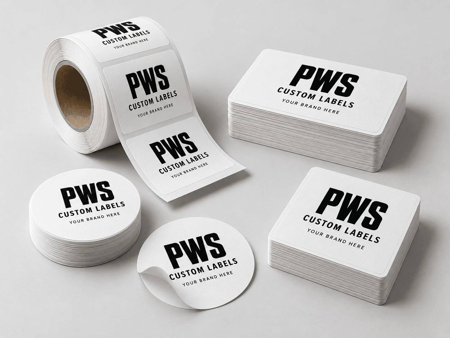 Illustrative PWS custom printed label rolls and label sheets