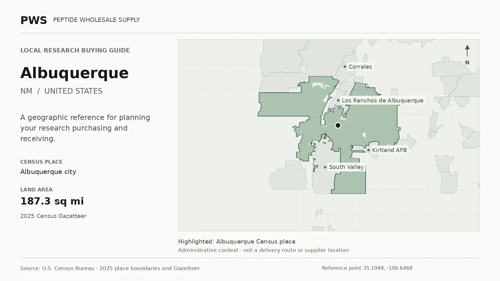 Map of the Albuquerque city Census place boundary in NM, with nearby Census places for receiving-address planning.