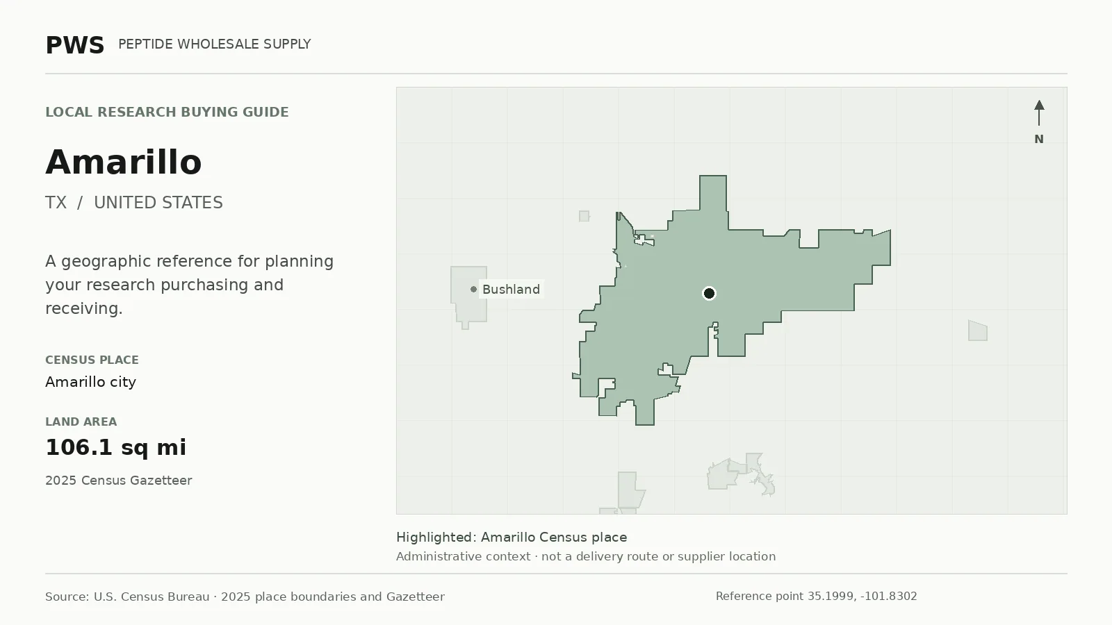Map of the Amarillo city Census place boundary in TX, with nearby Census places for receiving-address planning.