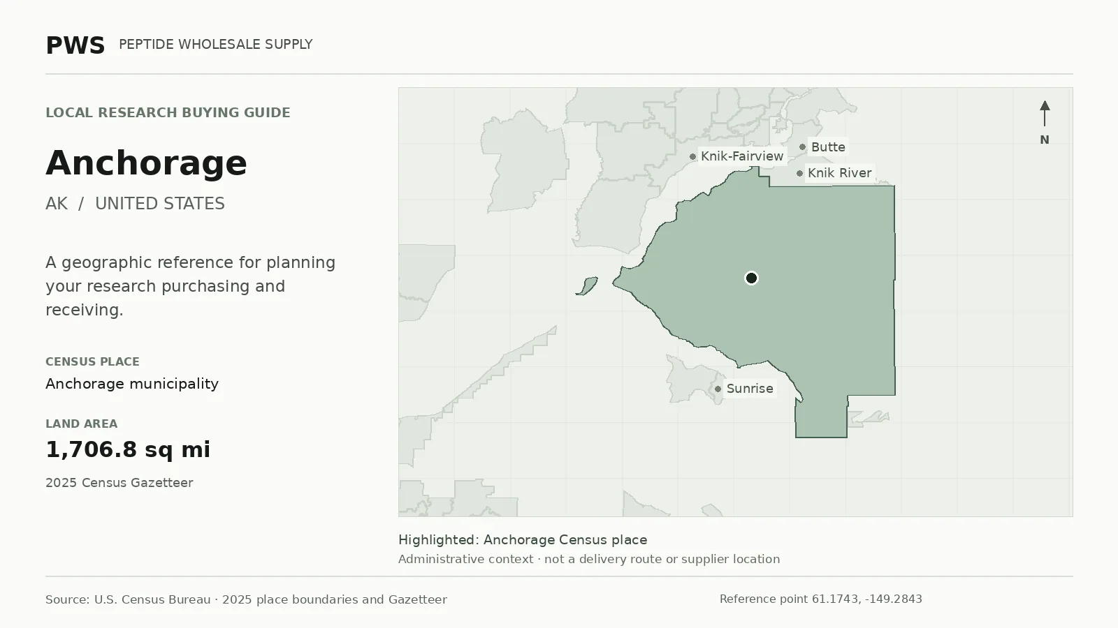 Map of the Anchorage municipality Census place boundary in AK, with nearby Census places for receiving-address planning.