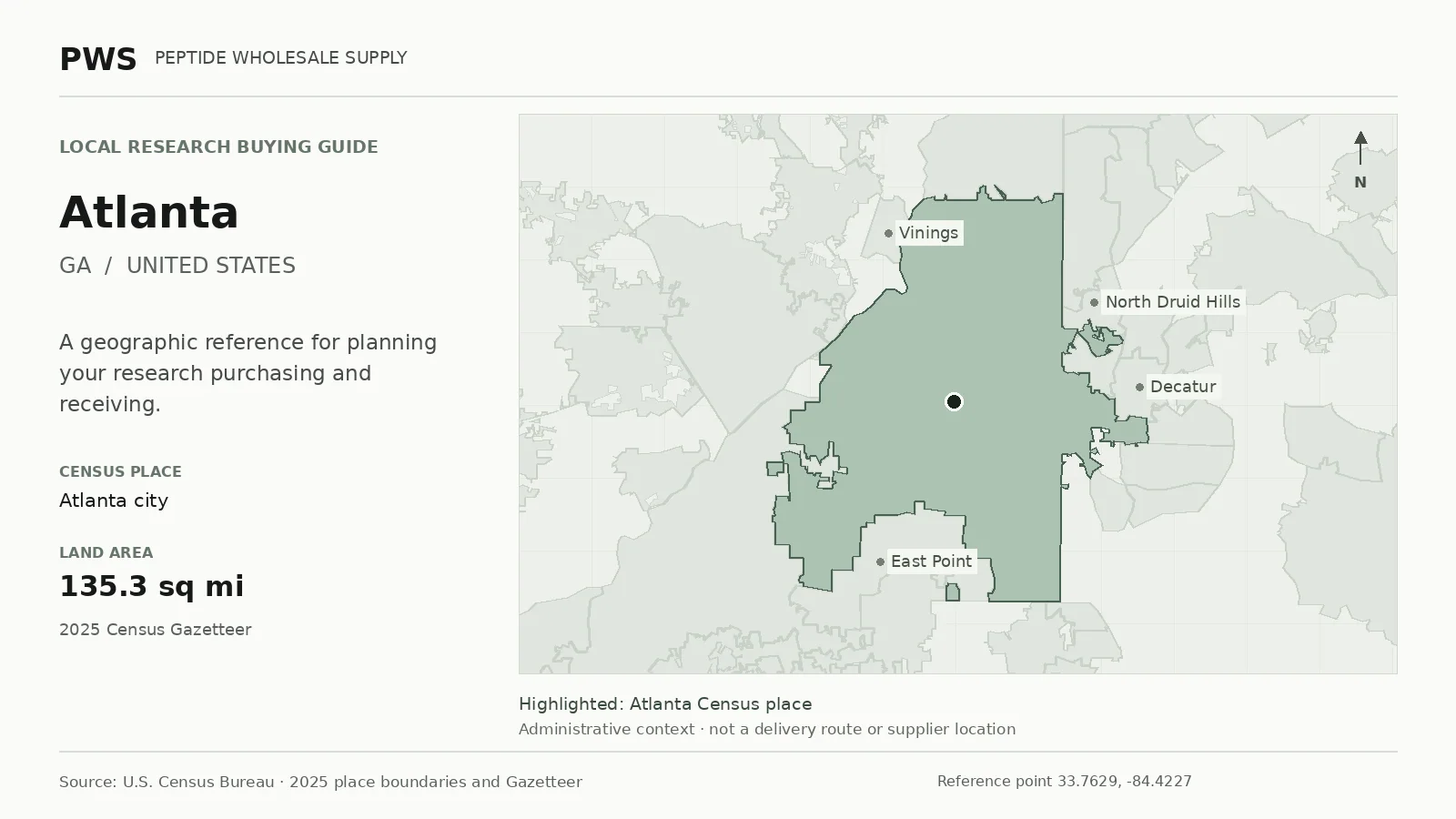 Map of the Atlanta city Census place boundary in GA, with nearby Census places for receiving-address planning.