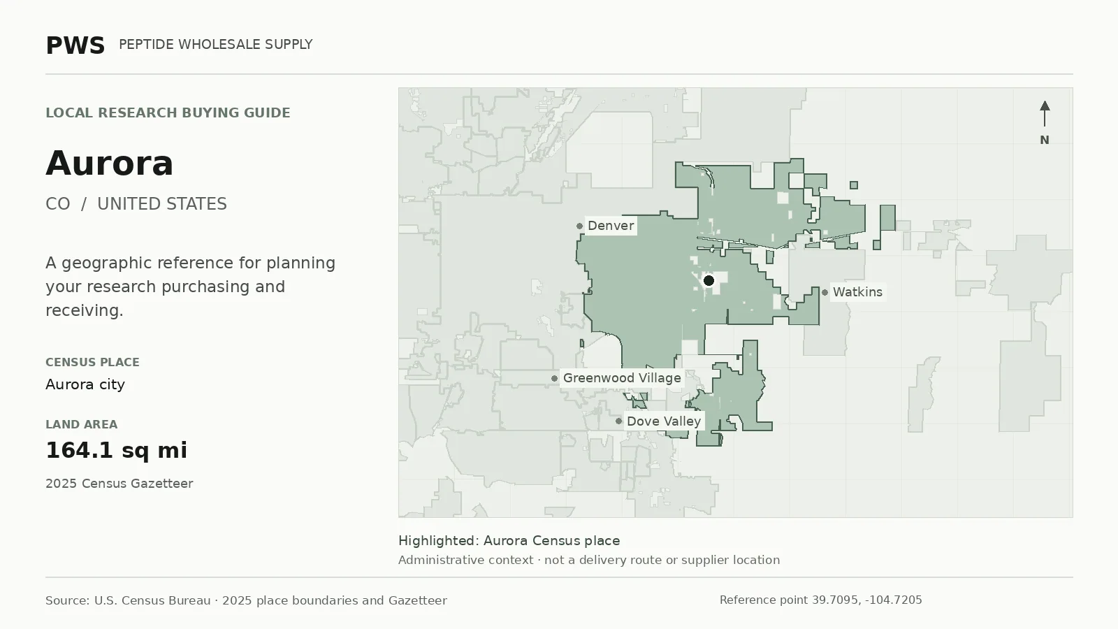 Map of the Aurora city Census place boundary in CO, with nearby Census places for receiving-address planning.