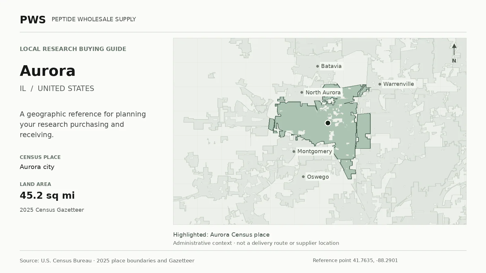 Map of the Aurora city Census place boundary in IL, with nearby Census places for receiving-address planning.