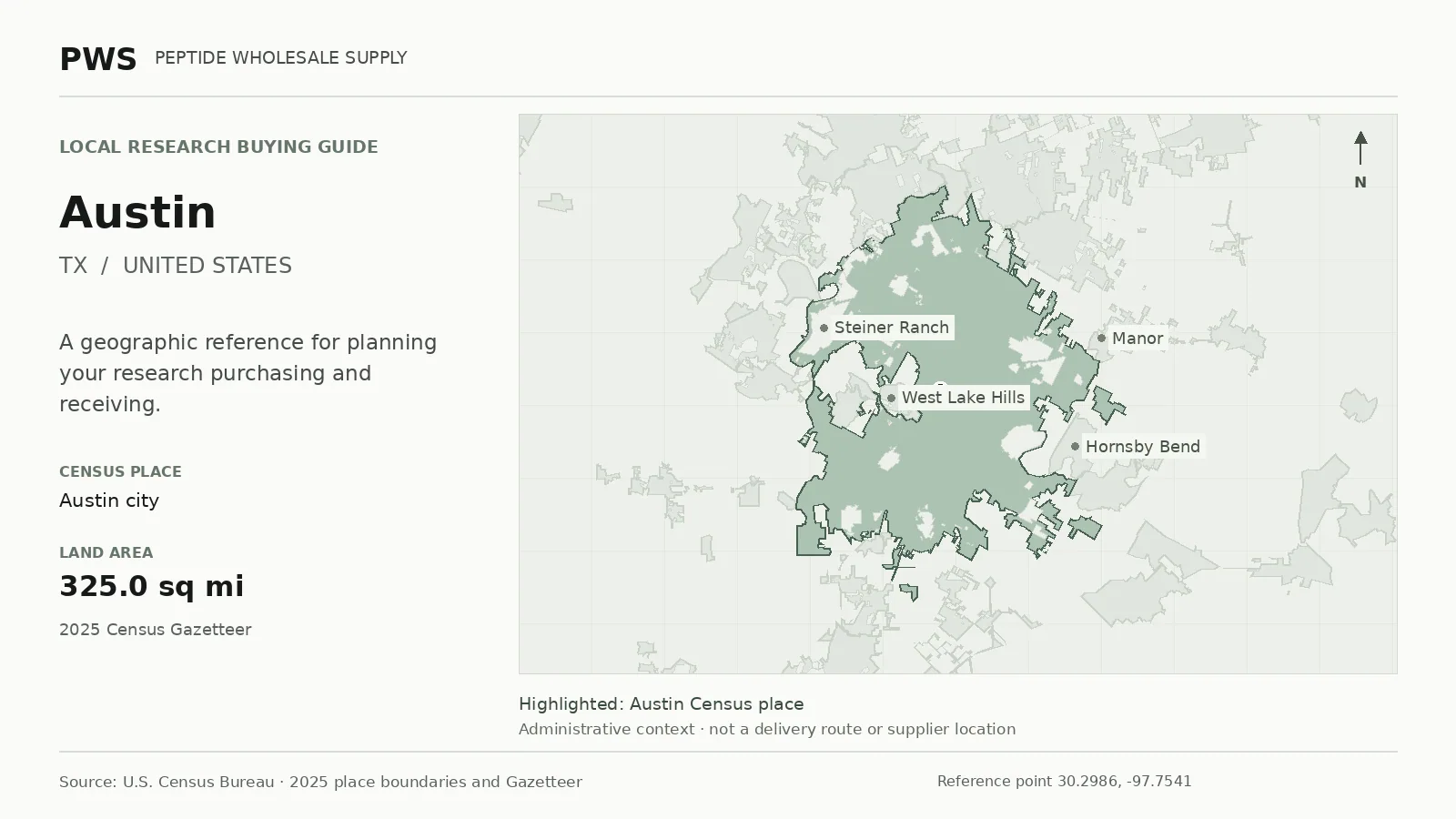Map of the Austin city Census place boundary in TX, with nearby Census places for receiving-address planning.