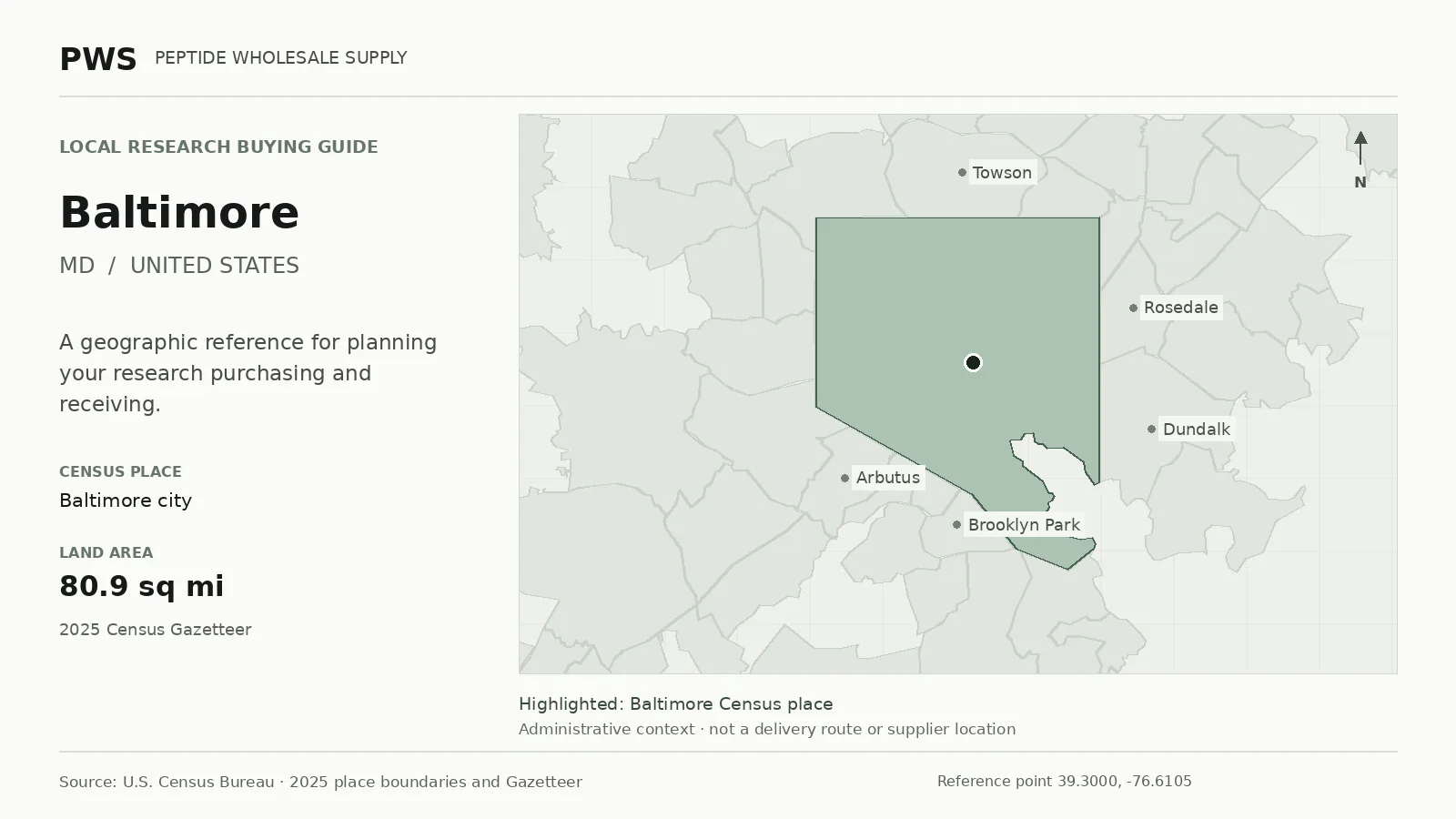 Map of the Baltimore city Census place boundary in MD, with nearby Census places for receiving-address planning.