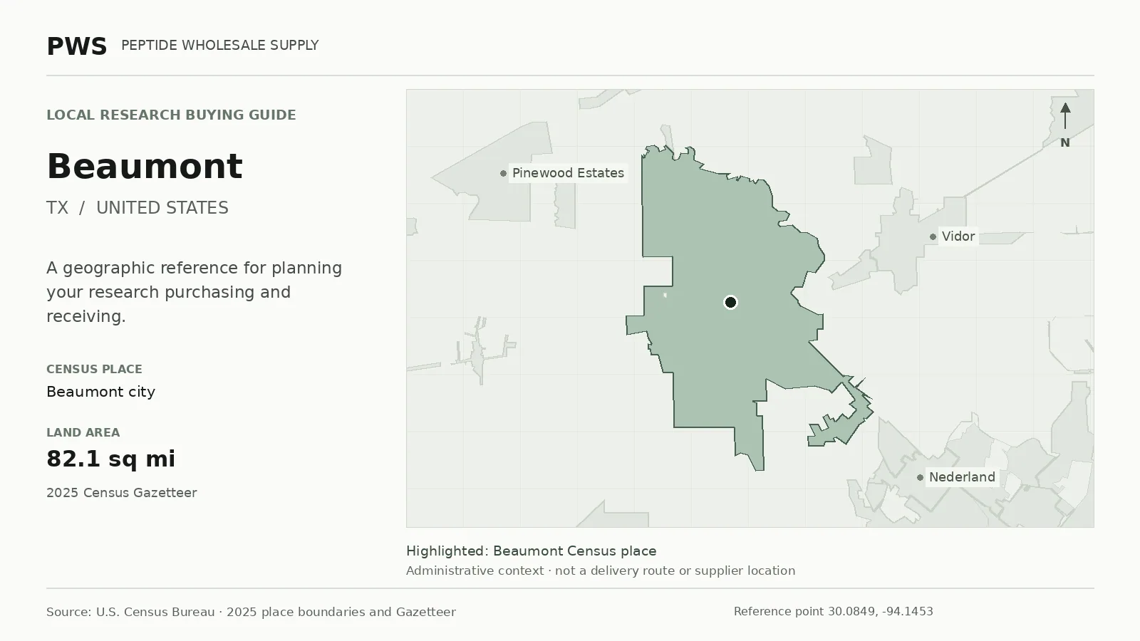 Map of the Beaumont city Census place boundary in TX, with nearby Census places for receiving-address planning.