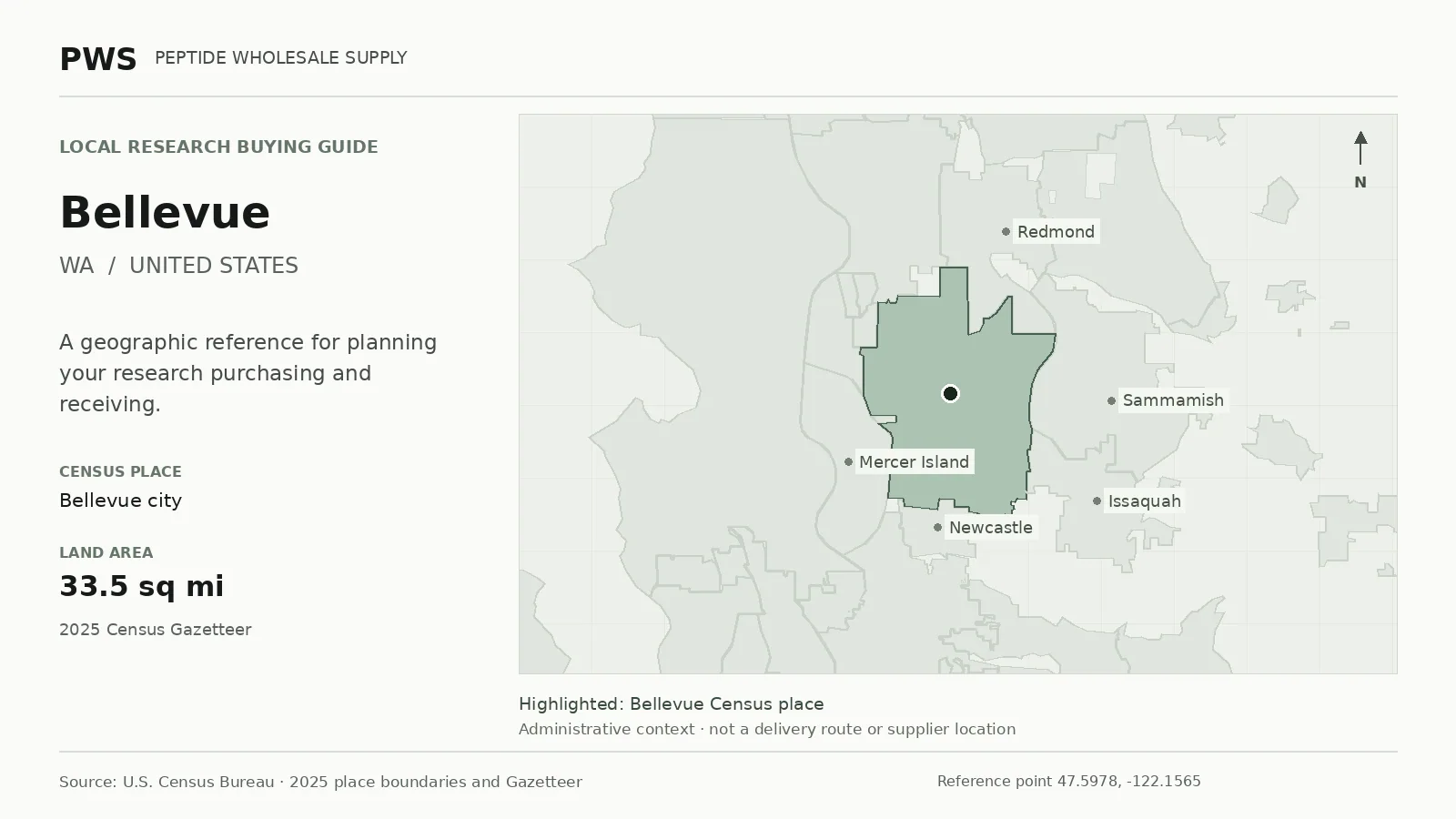 Map of the Bellevue city Census place boundary in WA, with nearby Census places for receiving-address planning.
