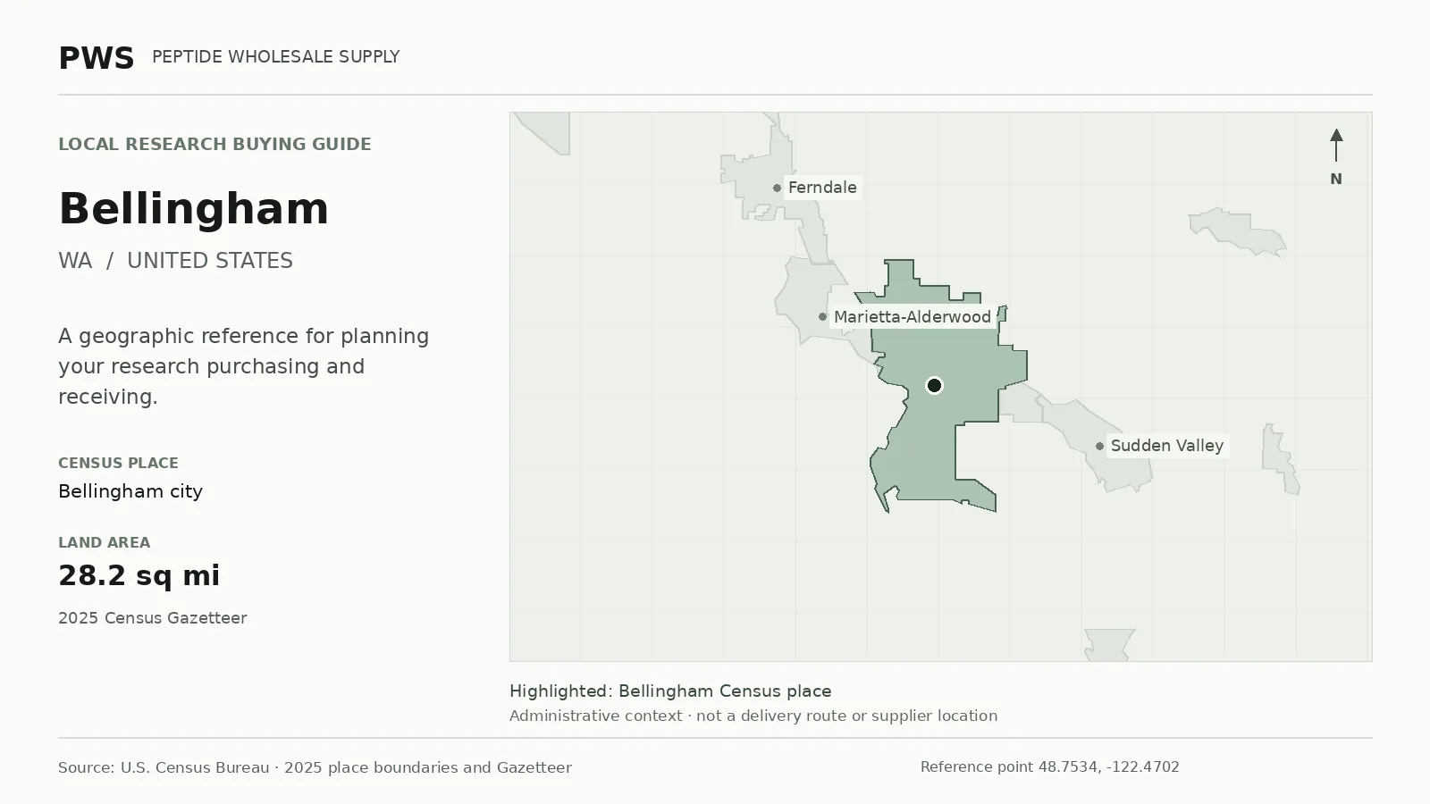 Map of the Bellingham city Census place boundary in WA, with nearby Census places for receiving-address planning.