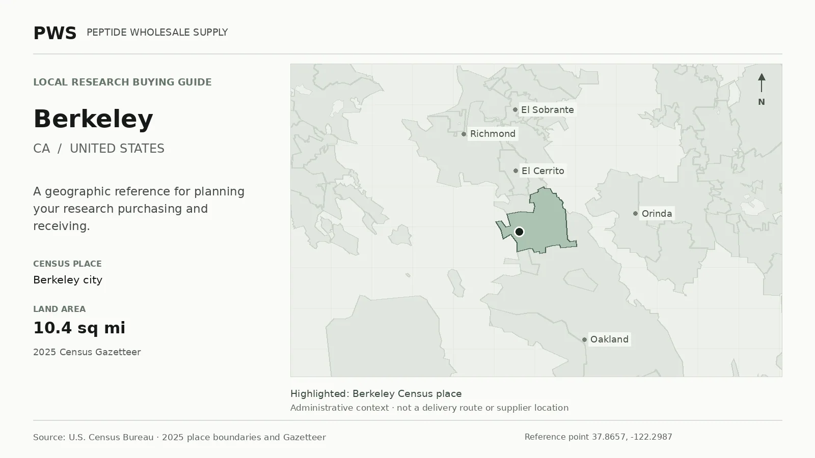 Map of the Berkeley city Census place boundary in CA, with nearby Census places for receiving-address planning.