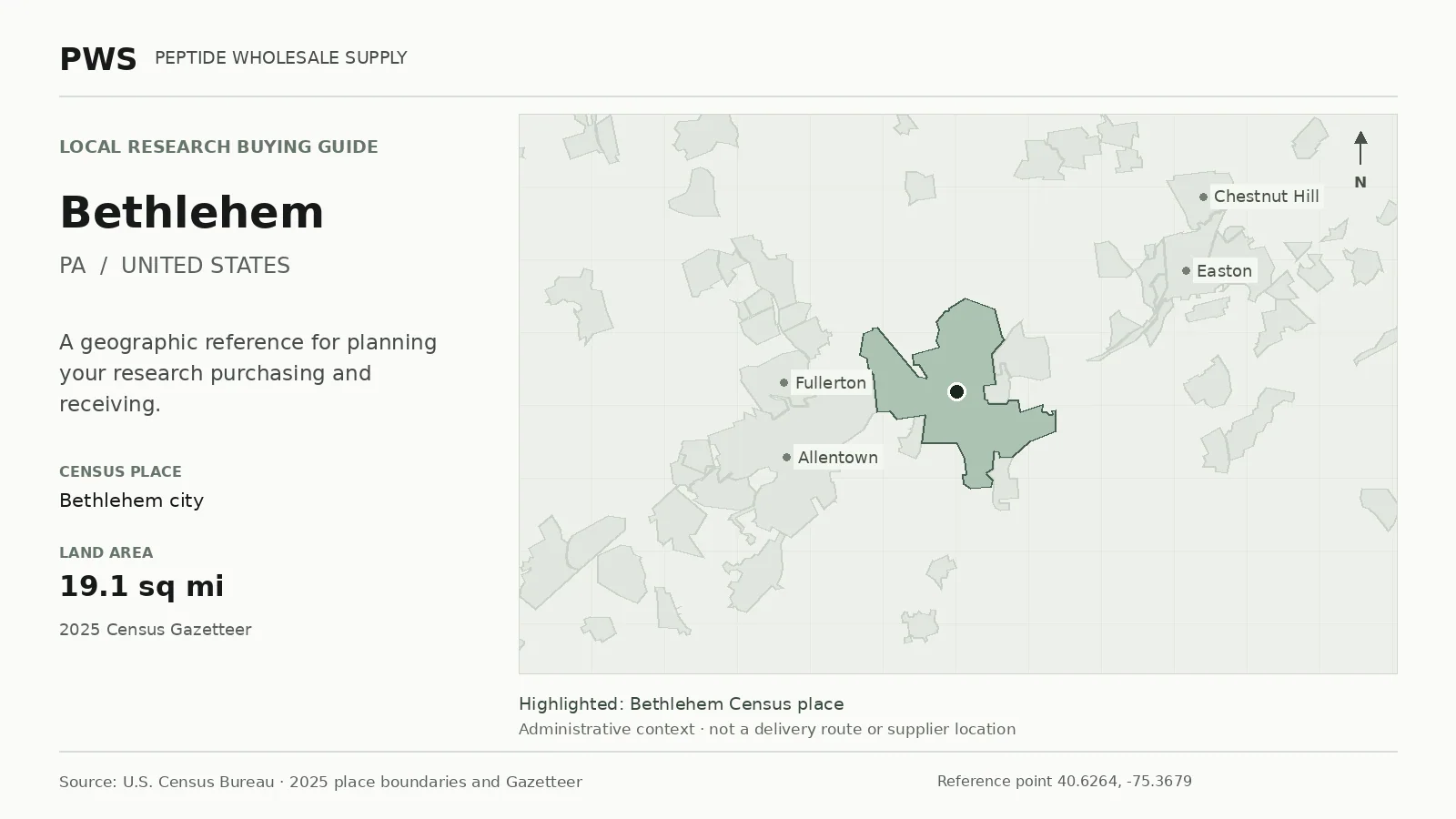 Map of the Bethlehem city Census place boundary in PA, with nearby Census places for receiving-address planning.