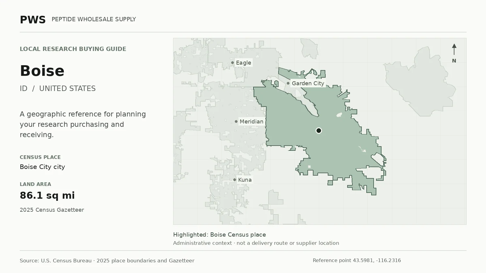 Map of the Boise City city Census place boundary in ID, with nearby Census places for receiving-address planning.