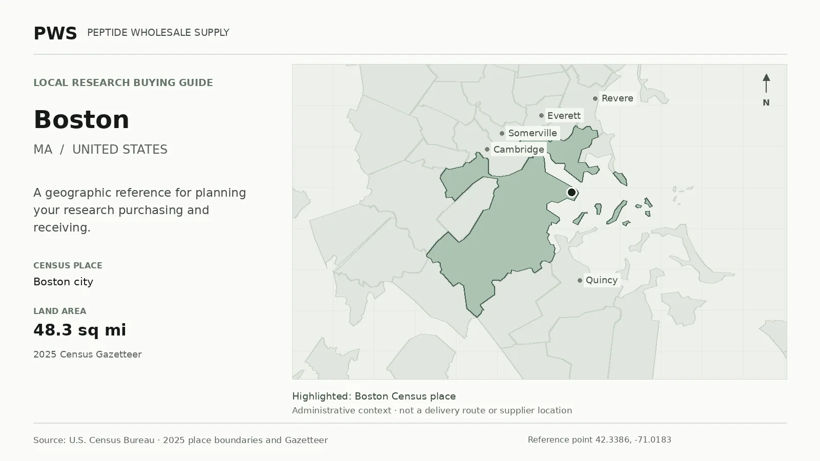 Map of the Boston city Census place boundary in MA, with nearby Census places for receiving-address planning.