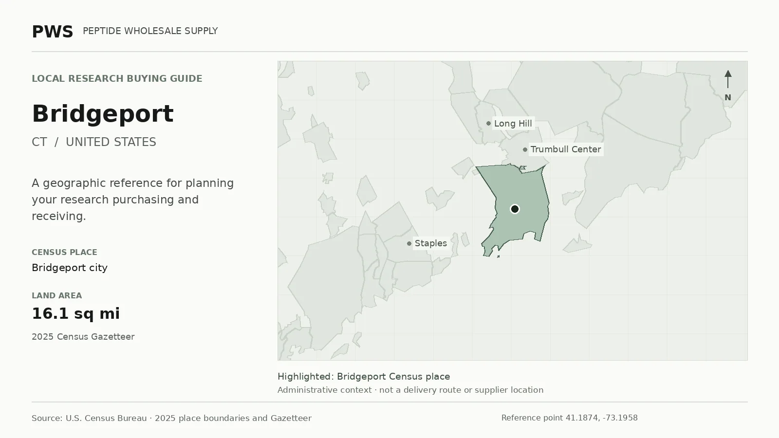 Map of the Bridgeport city Census place boundary in CT, with nearby Census places for receiving-address planning.