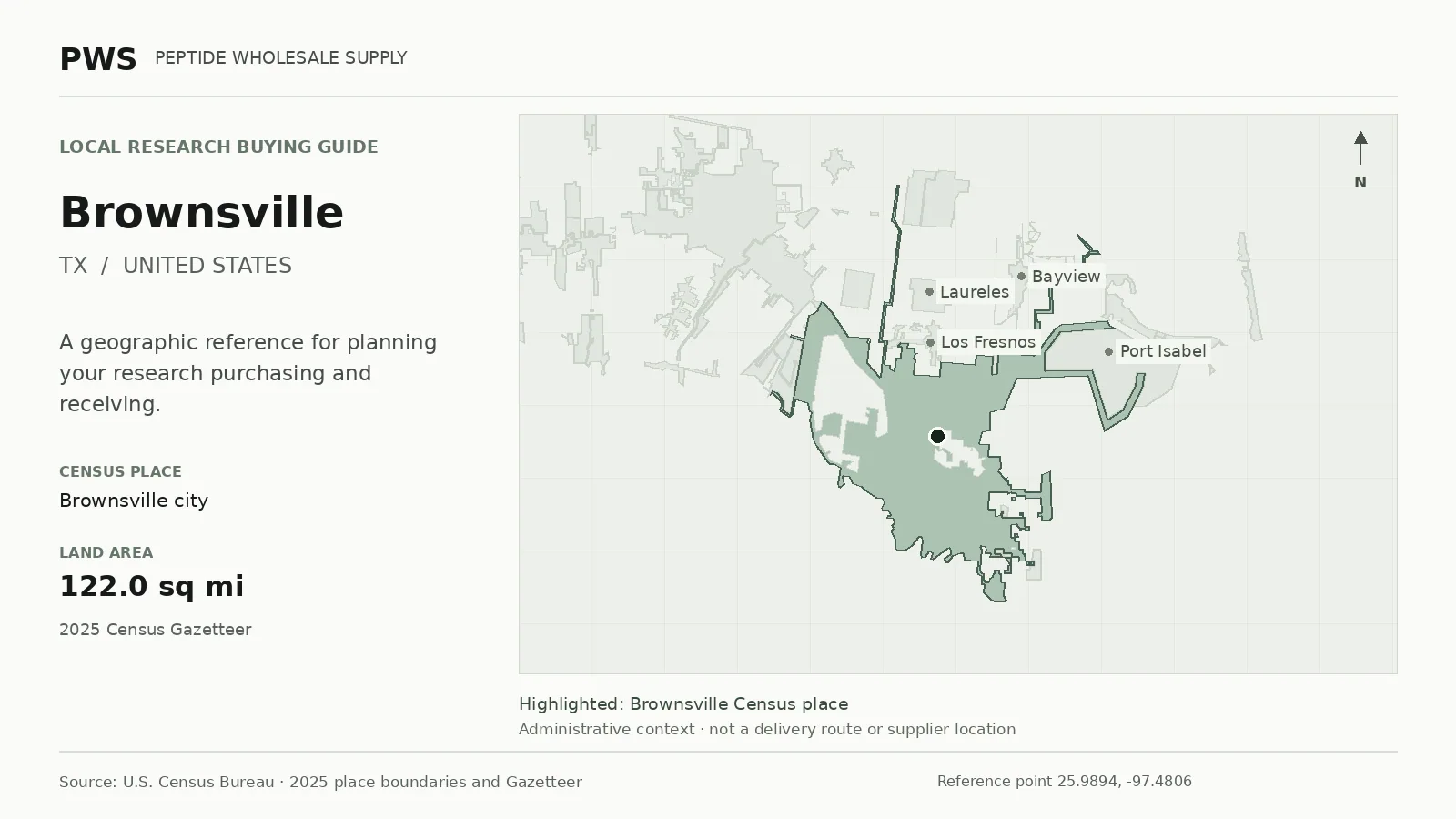 Map of the Brownsville city Census place boundary in TX, with nearby Census places for receiving-address planning.