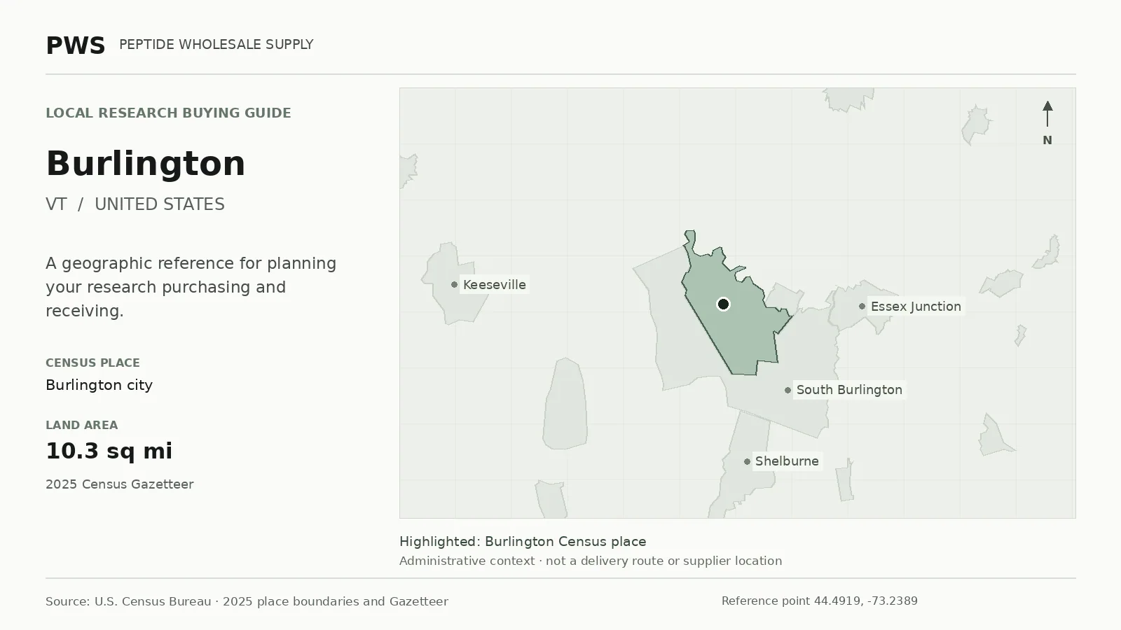 Map of the Burlington city Census place boundary in VT, with nearby Census places for receiving-address planning.