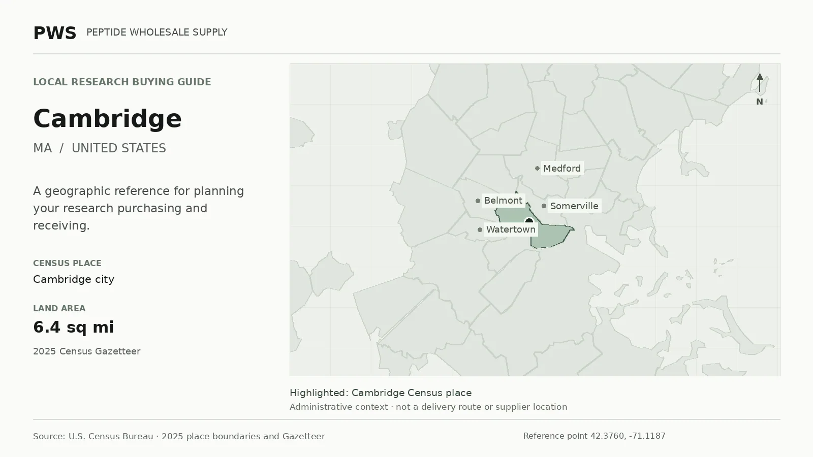 Map of the Cambridge city Census place boundary in MA, with nearby Census places for receiving-address planning.