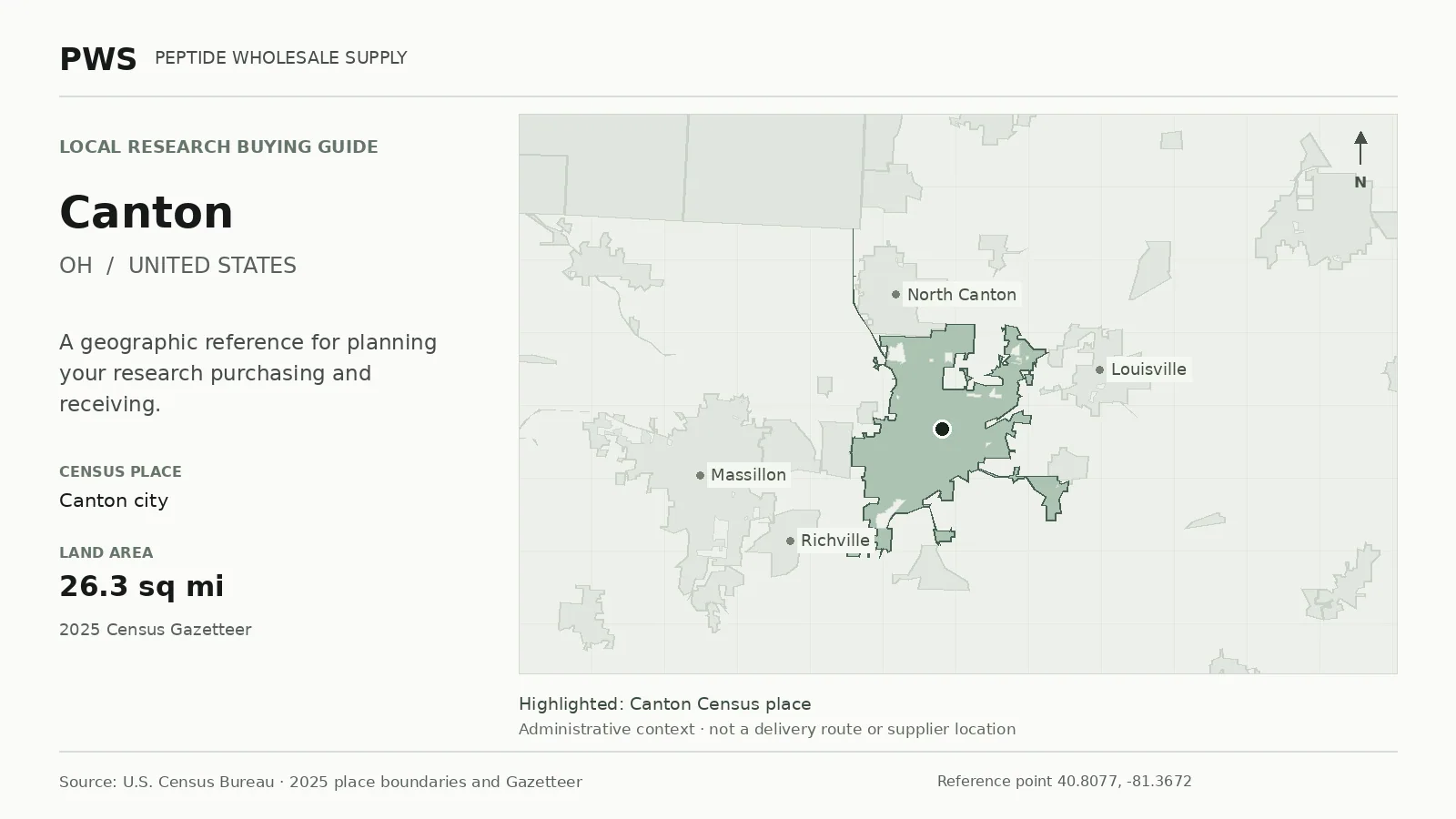 Map of the Canton city Census place boundary in OH, with nearby Census places for receiving-address planning.