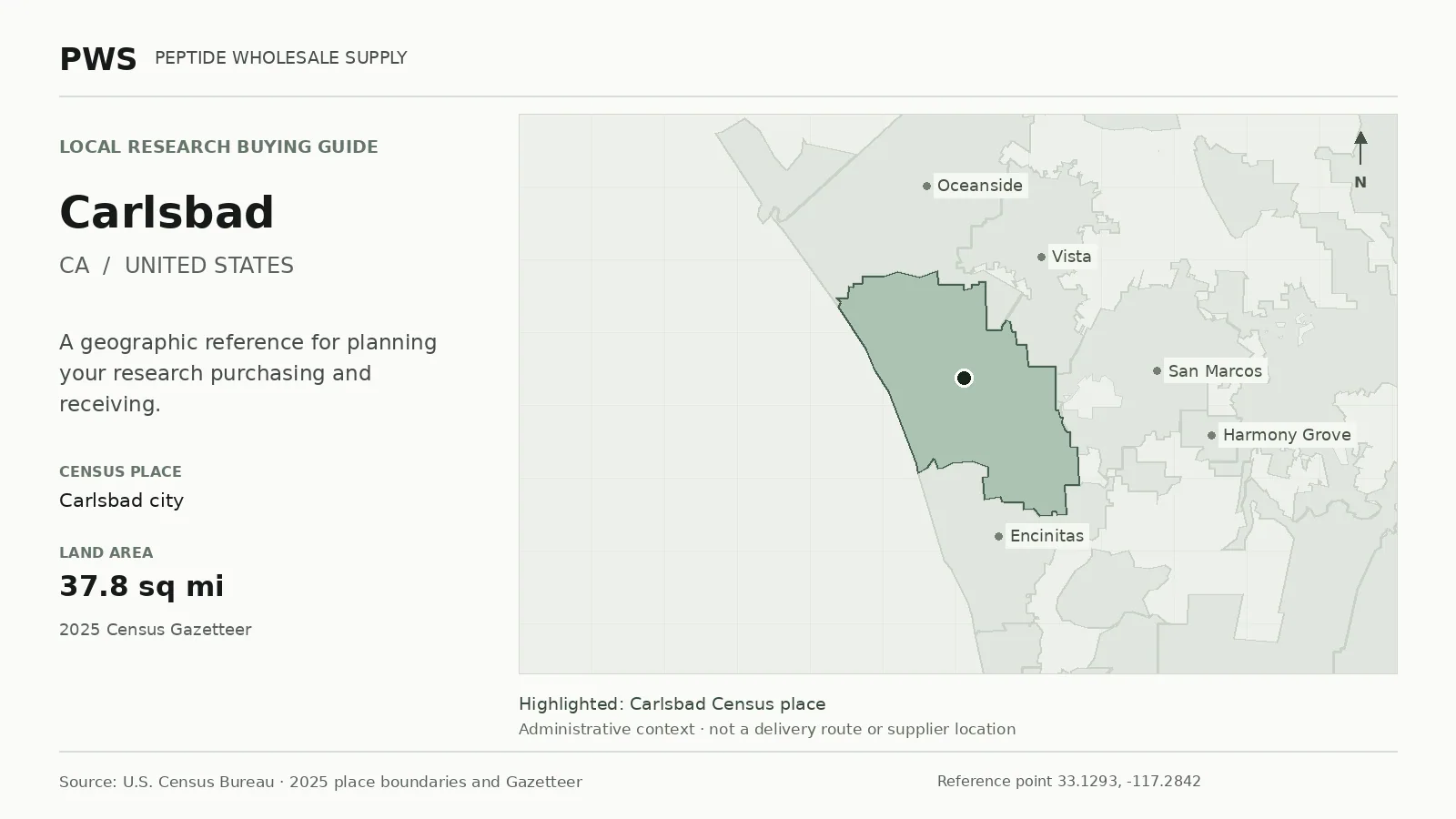 Map of the Carlsbad city Census place boundary in CA, with nearby Census places for receiving-address planning.