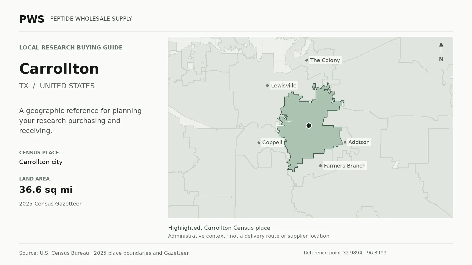 Map of the Carrollton city Census place boundary in TX, with nearby Census places for receiving-address planning.