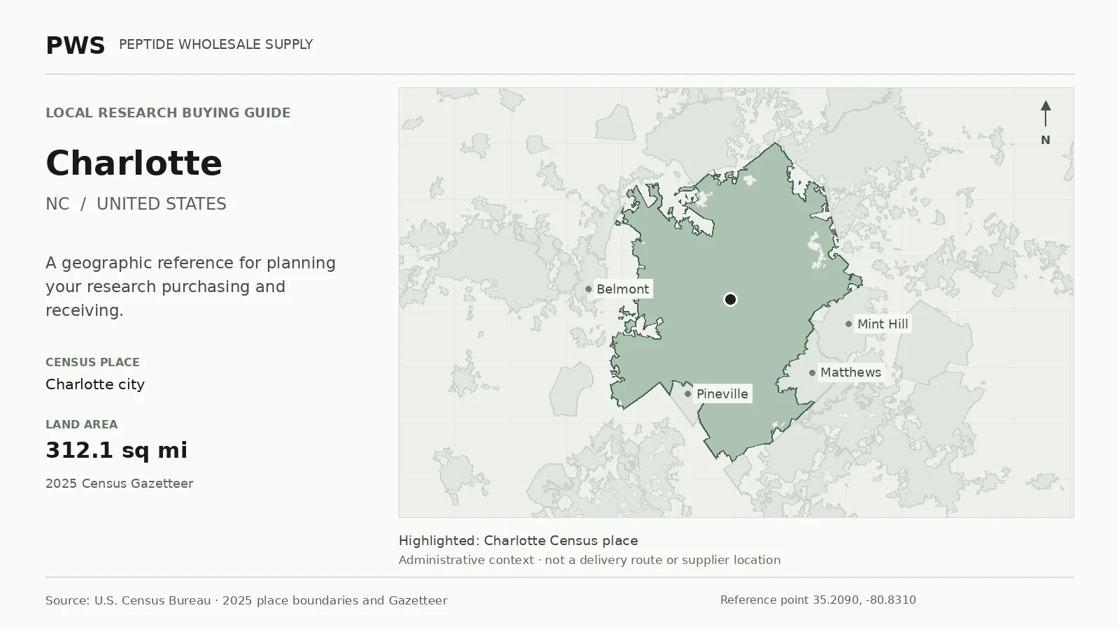 Map of the Charlotte city Census place boundary in NC, with nearby Census places for receiving-address planning.