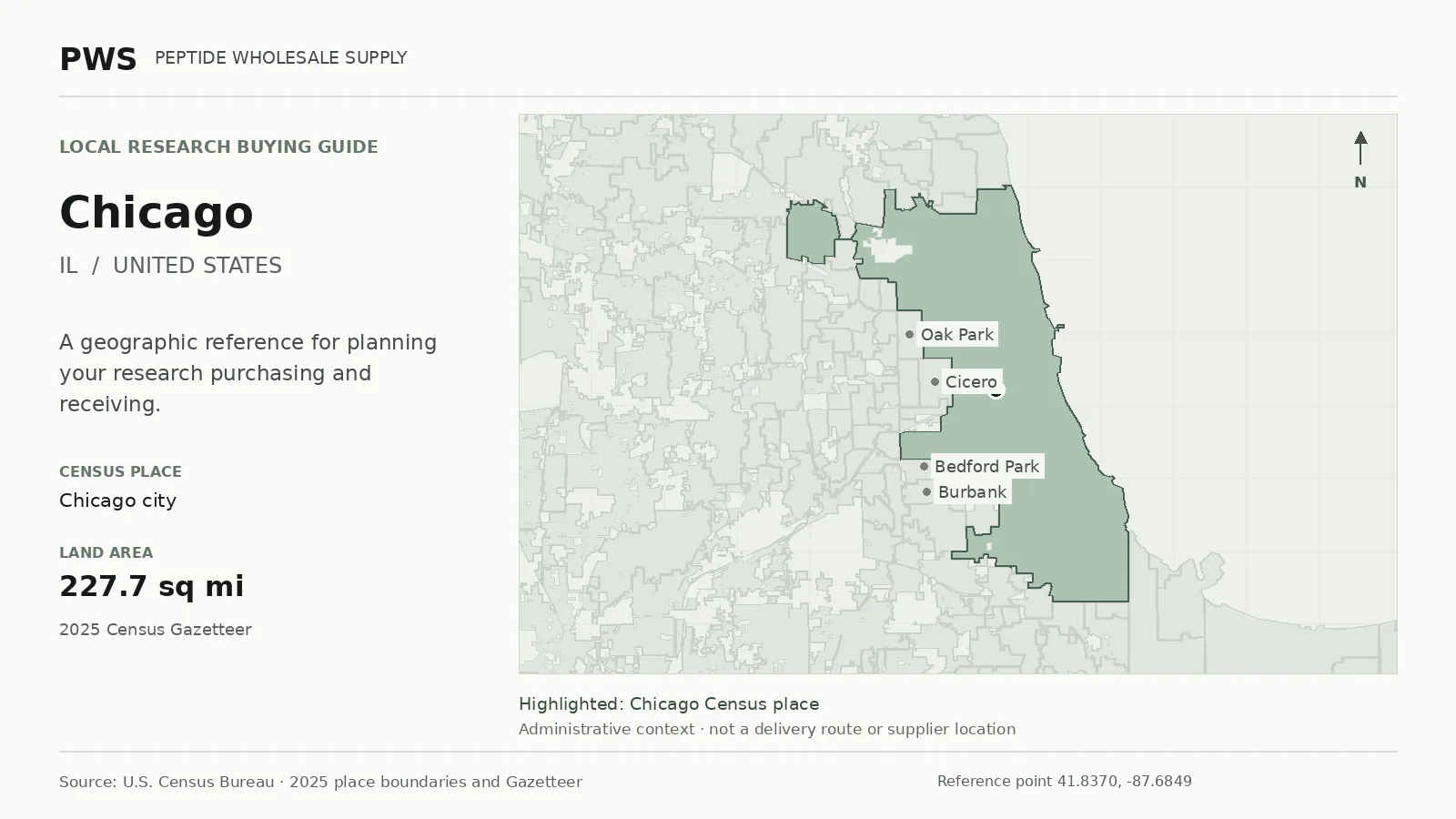 Map of the Chicago city Census place boundary in IL, with nearby Census places for receiving-address planning.