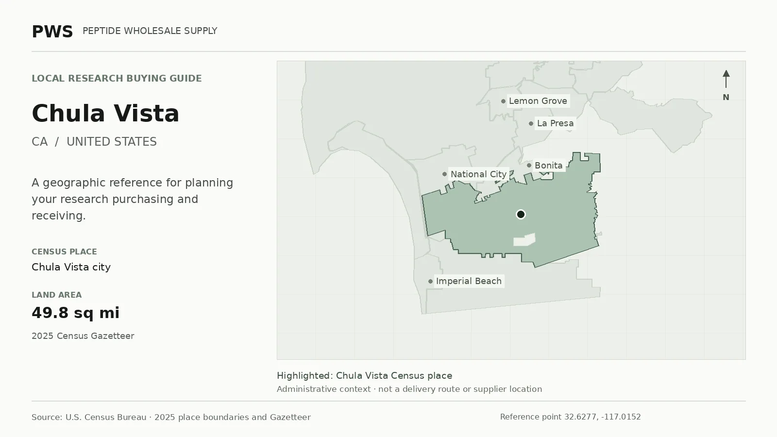 Map of the Chula Vista city Census place boundary in CA, with nearby Census places for receiving-address planning.