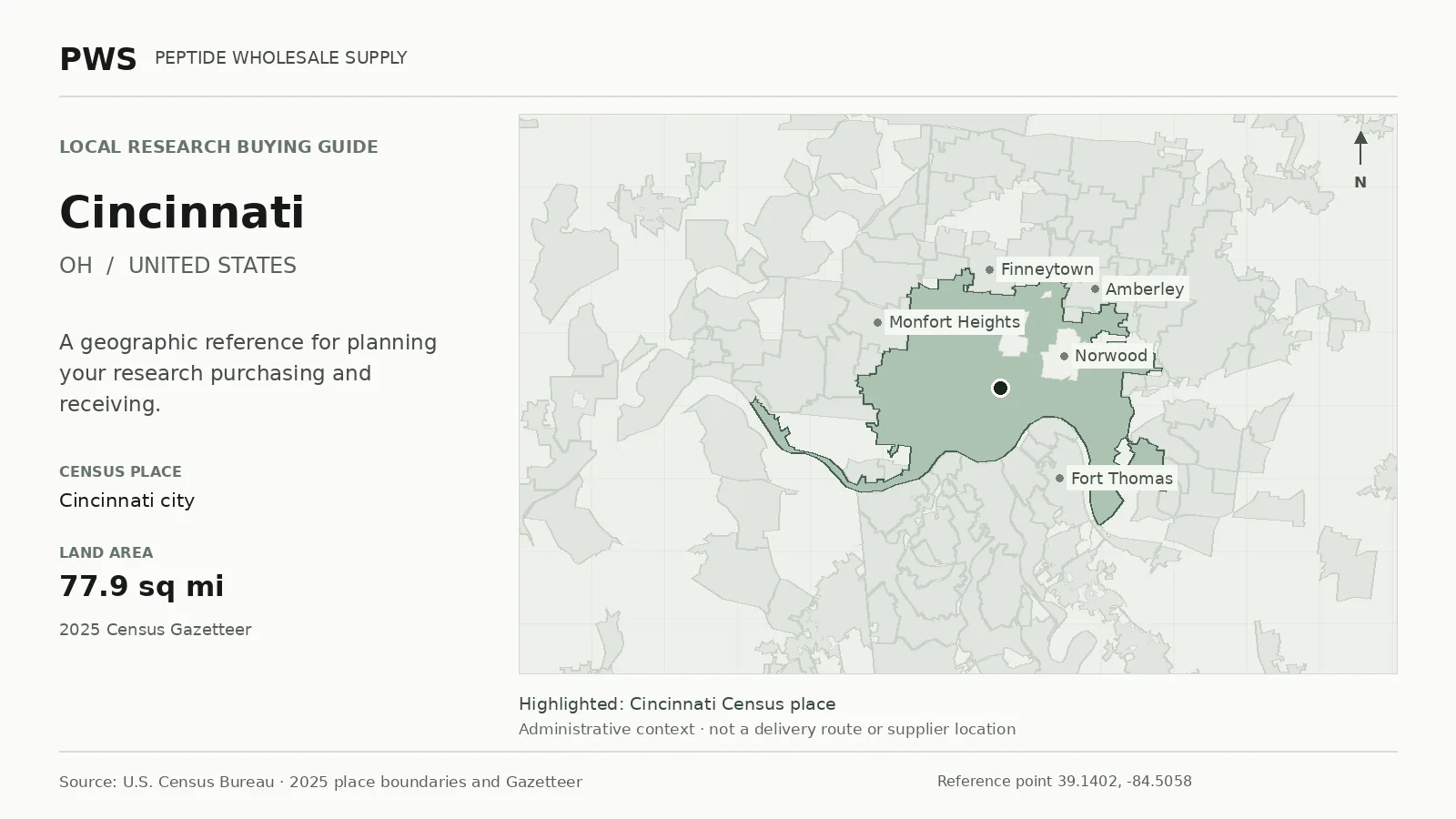Map of the Cincinnati city Census place boundary in OH, with nearby Census places for receiving-address planning.
