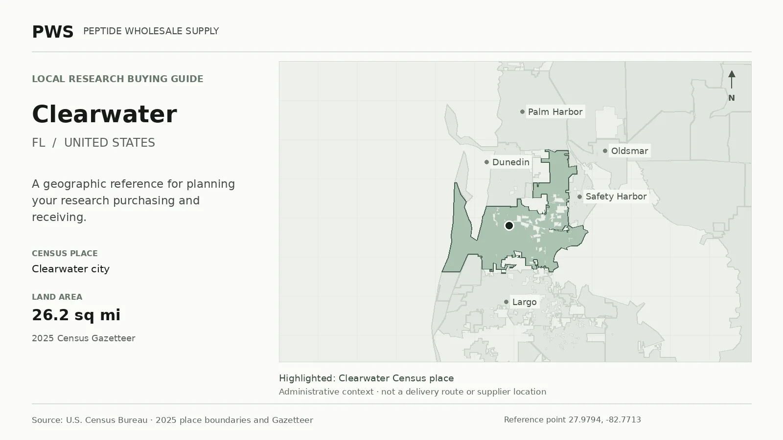 Map of the Clearwater city Census place boundary in FL, with nearby Census places for receiving-address planning.