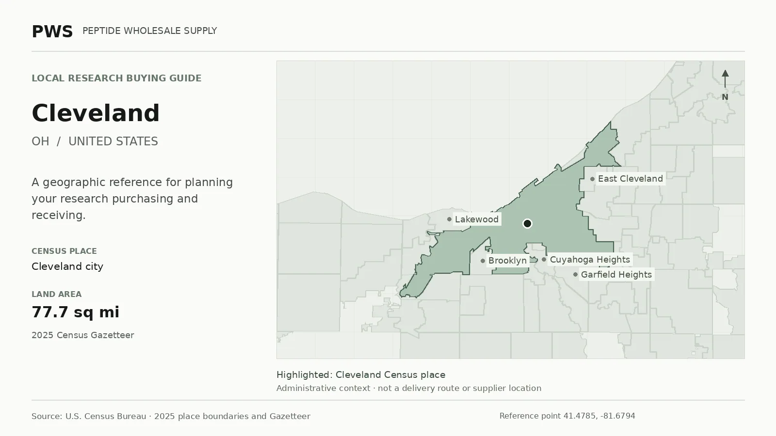 Map of the Cleveland city Census place boundary in OH, with nearby Census places for receiving-address planning.