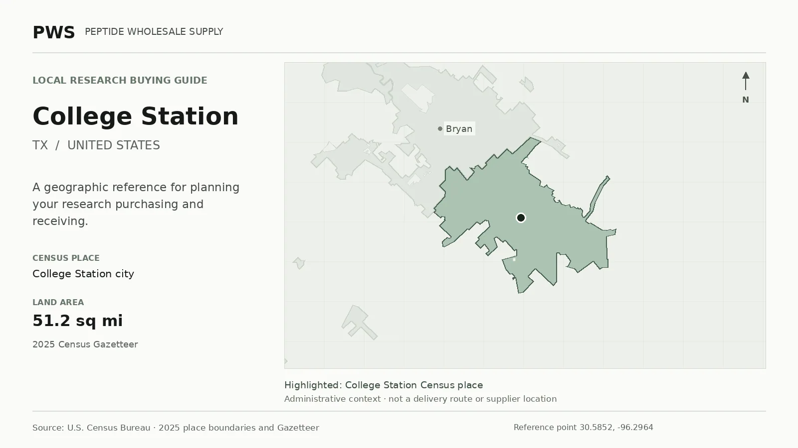 Map of the College Station city Census place boundary in TX, with nearby Census places for receiving-address planning.