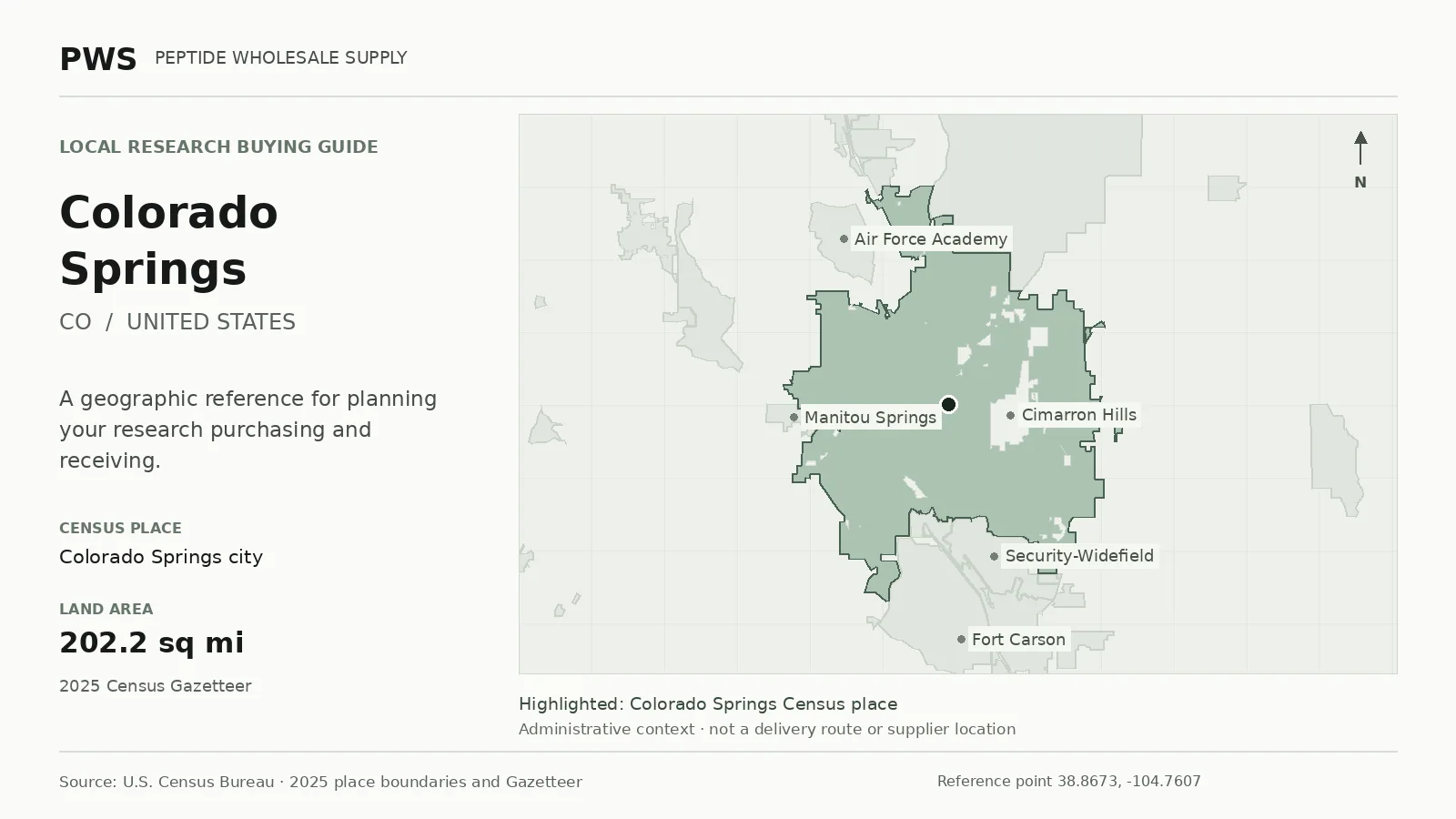 Map of the Colorado Springs city Census place boundary in CO, with nearby Census places for receiving-address planning.