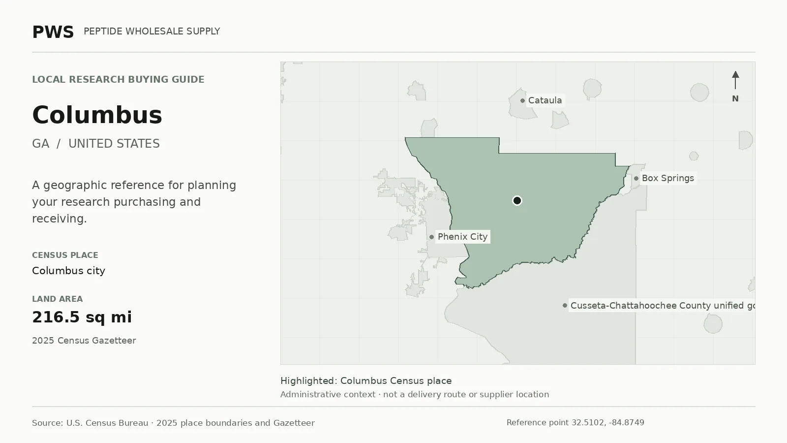 Map of the Columbus city Census place boundary in GA, with nearby Census places for receiving-address planning.