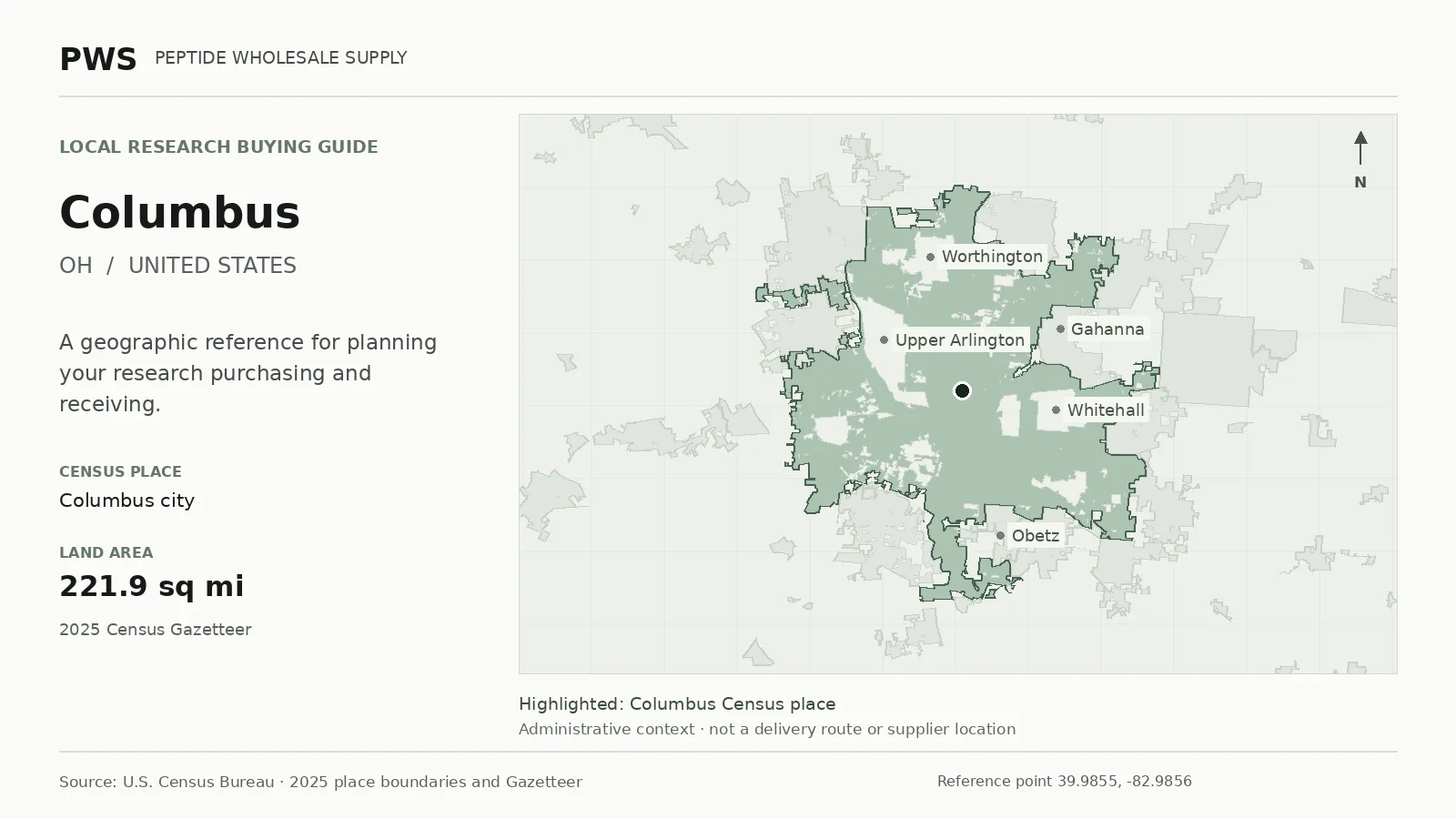 Map of the Columbus city Census place boundary in OH, with nearby Census places for receiving-address planning.
