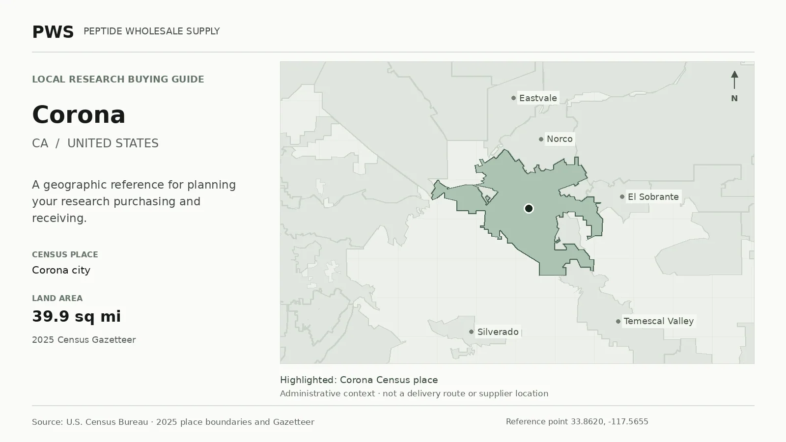 Map of the Corona city Census place boundary in CA, with nearby Census places for receiving-address planning.