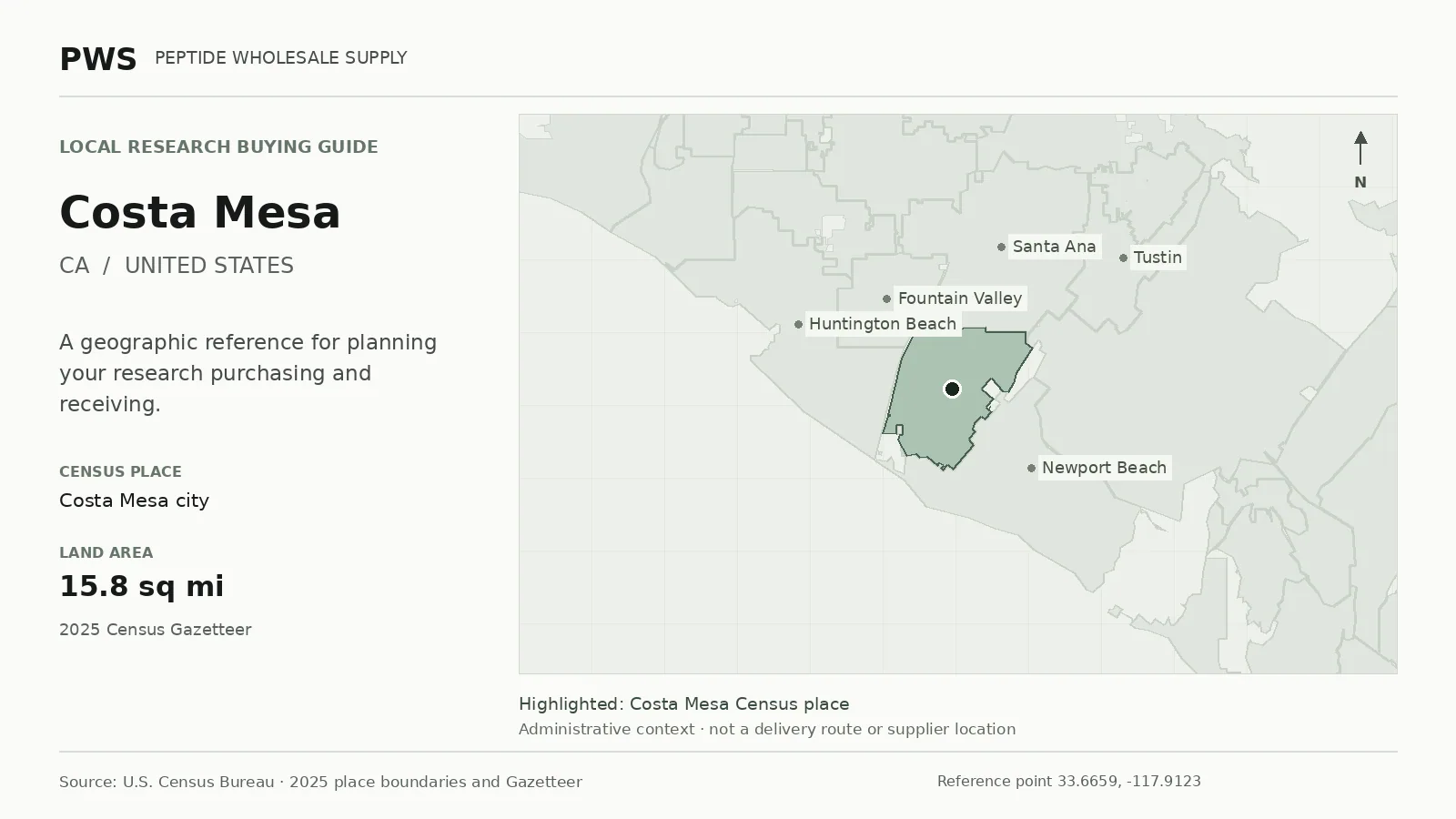 Map of the Costa Mesa city Census place boundary in CA, with nearby Census places for receiving-address planning.