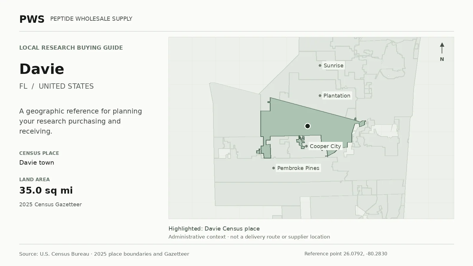 Map of the Davie town Census place boundary in FL, with nearby Census places for receiving-address planning.