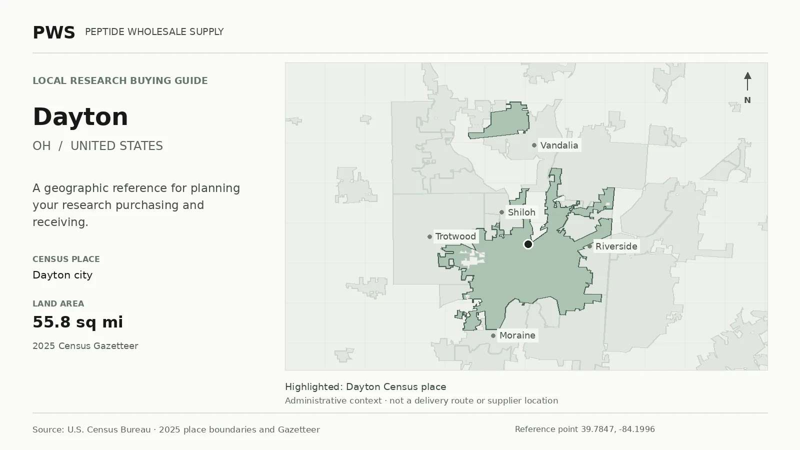 Map of the Dayton city Census place boundary in OH, with nearby Census places for receiving-address planning.