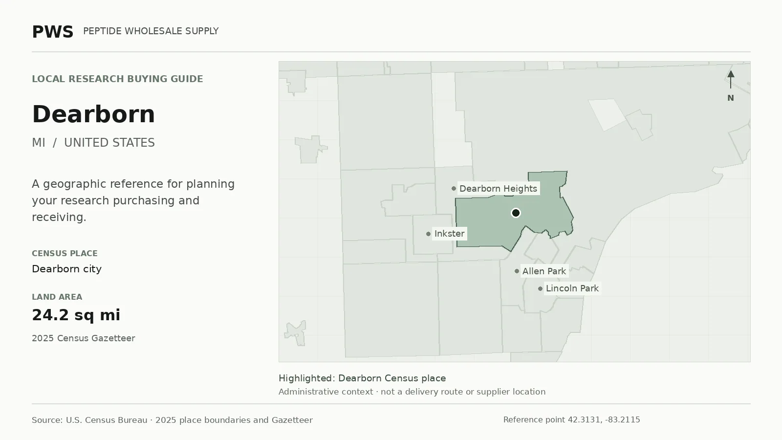 Map of the Dearborn city Census place boundary in MI, with nearby Census places for receiving-address planning.