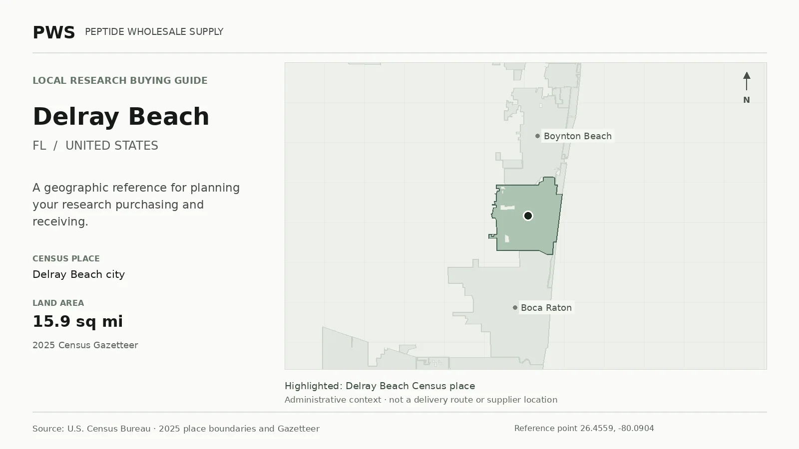 Map of the Delray Beach city Census place boundary in FL, with nearby Census places for receiving-address planning.