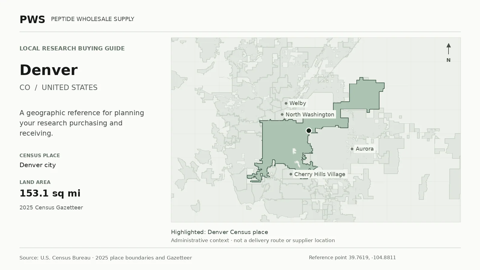 Map of the Denver city Census place boundary in CO, with nearby Census places for receiving-address planning.