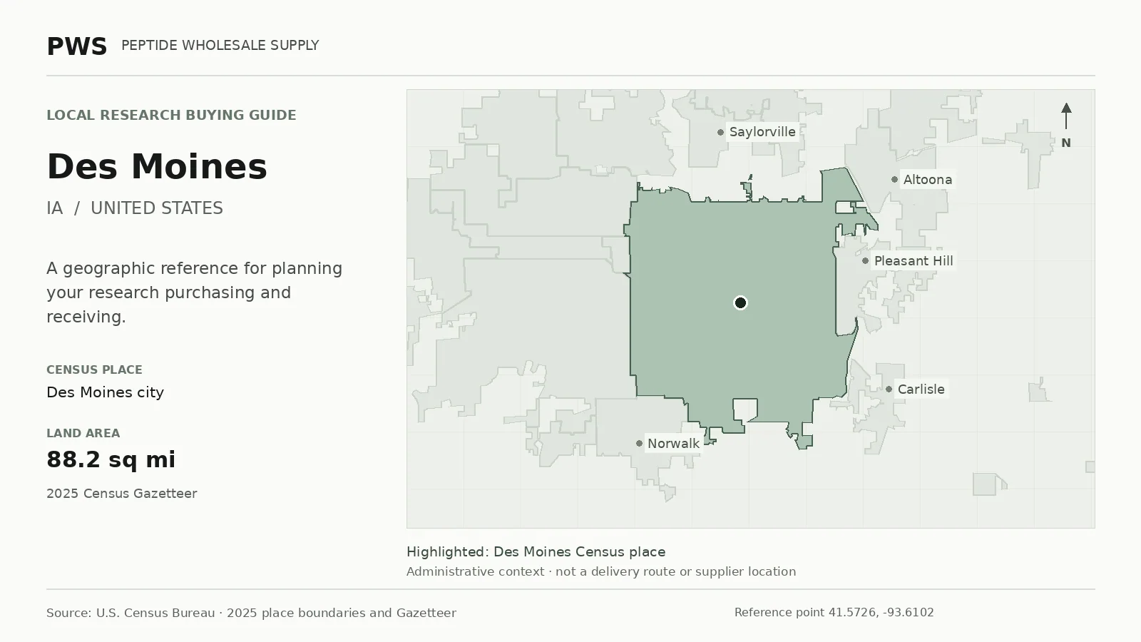 Map of the Des Moines city Census place boundary in IA, with nearby Census places for receiving-address planning.