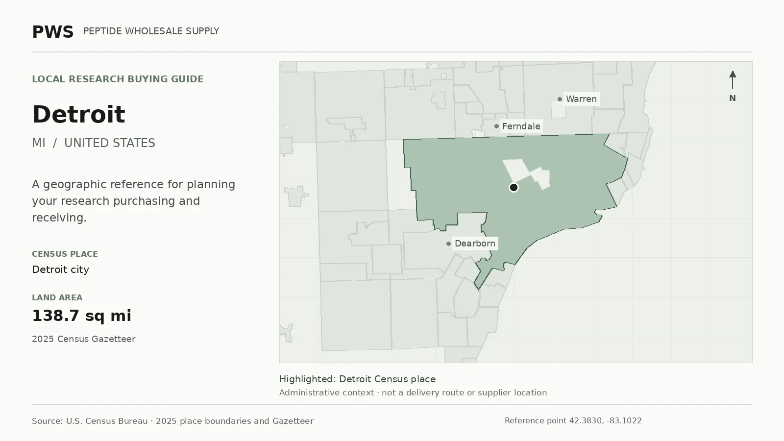 Map of the Detroit city Census place boundary in MI, with nearby Census places for receiving-address planning.