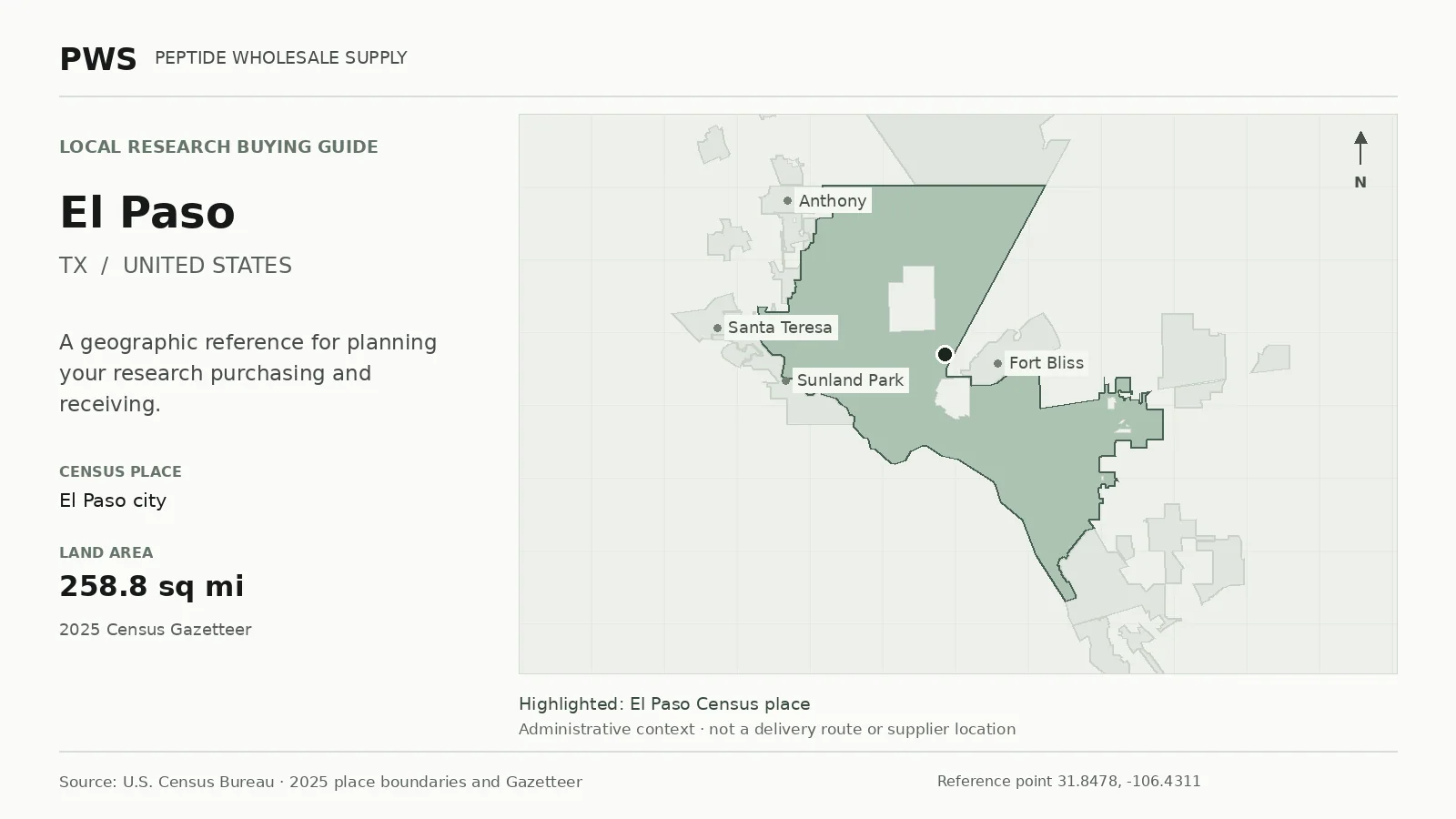 Map of the El Paso city Census place boundary in TX, with nearby Census places for receiving-address planning.