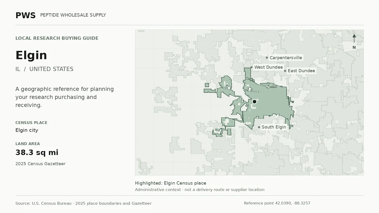 Map of the Elgin city Census place boundary in IL, with nearby Census places for receiving-address planning.