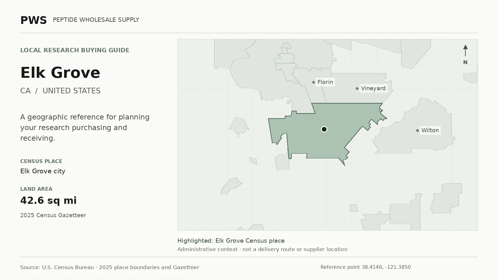 Map of the Elk Grove city Census place boundary in CA, with nearby Census places for receiving-address planning.