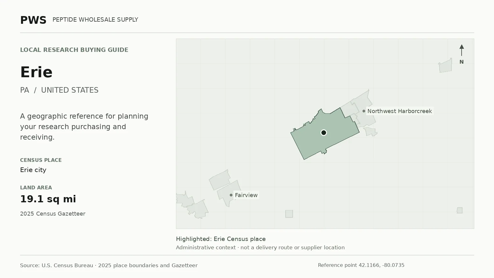 Map of the Erie city Census place boundary in PA, with nearby Census places for receiving-address planning.
