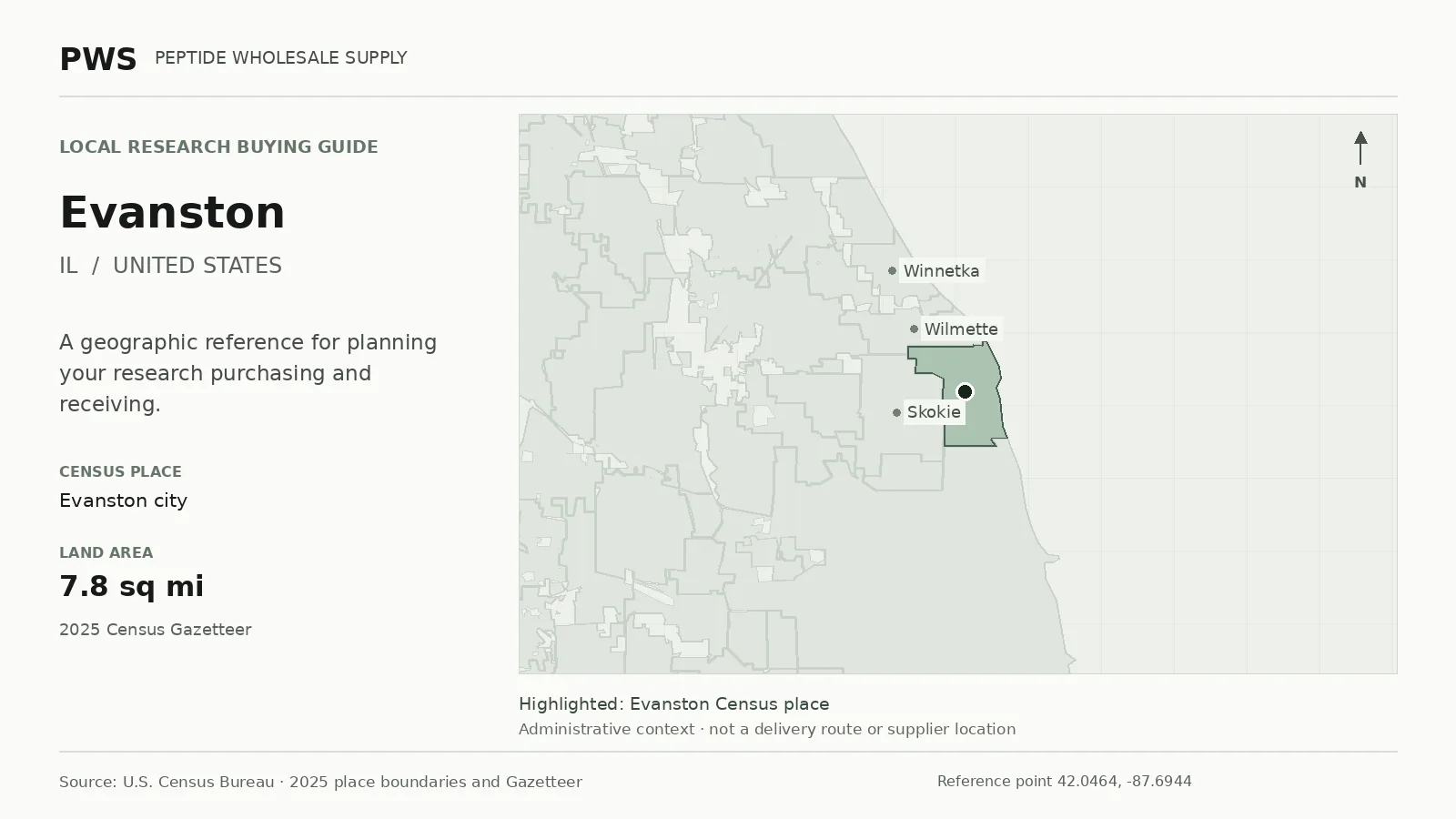 Map of the Evanston city Census place boundary in IL, with nearby Census places for receiving-address planning.